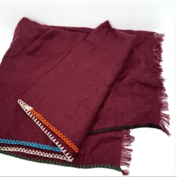 FREE PEOPLE Common Thread NEW Boho Blanket Stitch Scarf wrap Merlot burgandy - Picture 2 of 4